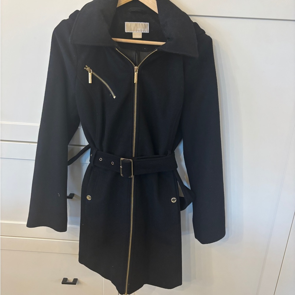 Michael Kors Black Belted Wool-Blend Trench Coat with Gold Hardware - Picture 2 of 3
